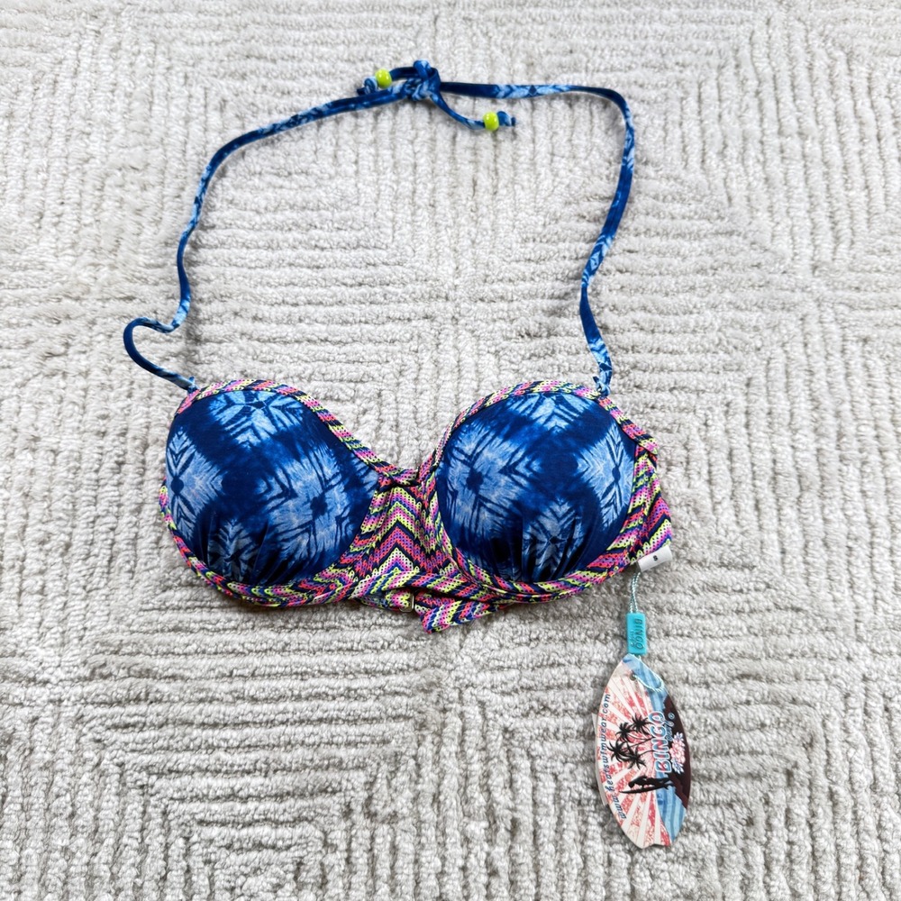 Bingo Surf Bikini Top Women's Small Blue Tie Dye Chevron Push Up Halter NWT Pool